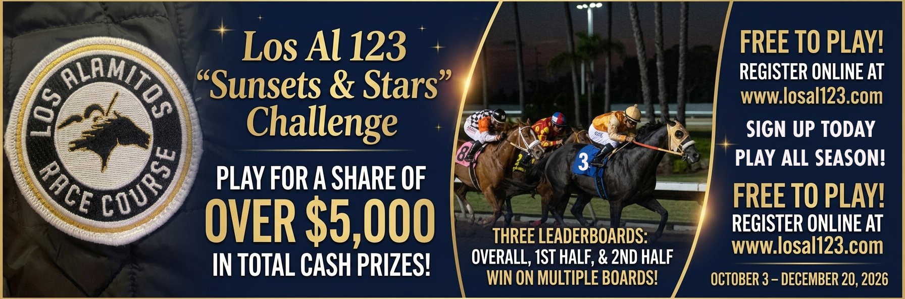 Los Al 123 Sunsets & Stars Challenge banner by Los Alamitos: free to play, over $5,000 in cash prizes, October 3 to December 20, 2026